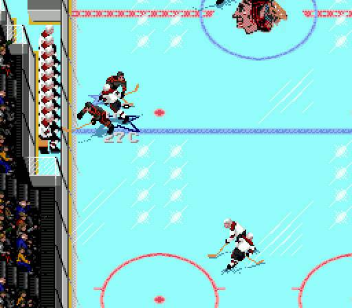 This screenshot shows the virtual Jeremy Roenick (27) in action on NHL 94 by EA Sports, one of the 1990s' most popular video games. His character on the game earned a spot in pop culture lore when Vince Vaughn uttered the line "Y'know, it's not so much me as Roenick; he's good ..." in his first lead role in the 1996 film <i>Swingers</i>.