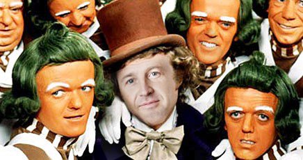 Trevor Groth (middle) with a collection of Oompa-Loompas.
