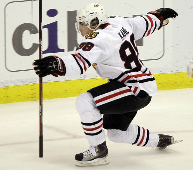 Chicago Blackhawks forward Patrick Kane celebrates his goal against the Detroit Red Wings in the third period of Game 5 of the NHL Western Conference finals in Detroit, Wednesday, May 27, 2009. Kane, who will present the Calder trophy on Thursday night to the league's top rookie, is one of several NHL stars in town this week who believe a Las Vegas franchise could be a success.