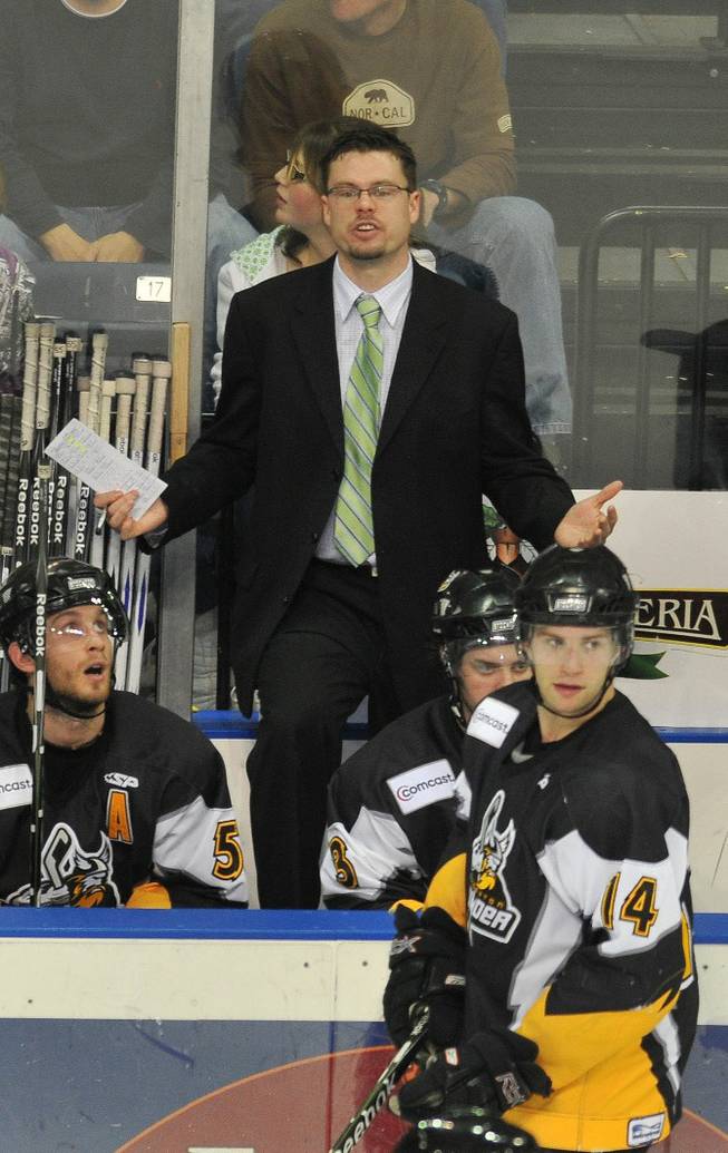 Former Stockton Thunder assistant coach Ryan Mougenel shouts on the bench during last season. Mougenel was recently hired to replace Wranglers head coach and general manager Glen Gulutzan.