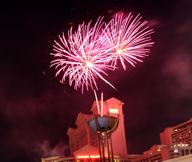 Thousands watched a Fourth of July fireworks display Saturday night at Caesars Palace on the Las Vegas Strip.