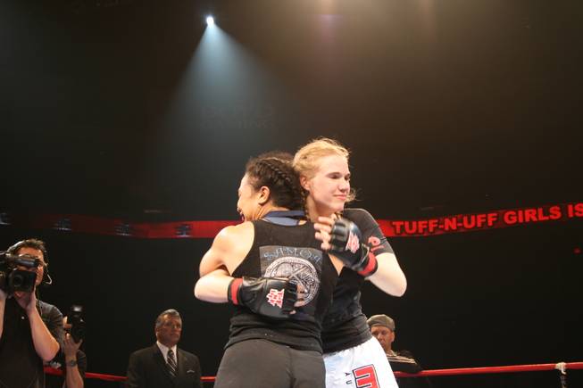 Moa Palmer embraces her opponent Patricia VanDermeer after her win in the main event at Tuff Girls. 