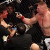 Brock Lesnar gets up in Frank Mir's face after their heavyweight unification match at UFC 100 Saturday, July 11, 2009. Lesnar won with a stoppage in the second round.