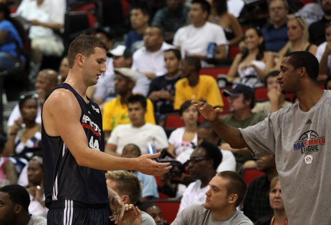 Trent Plaisted (44), comes off the court during the NBA Summer League at the Cox Pavilion in Las Vegas.  