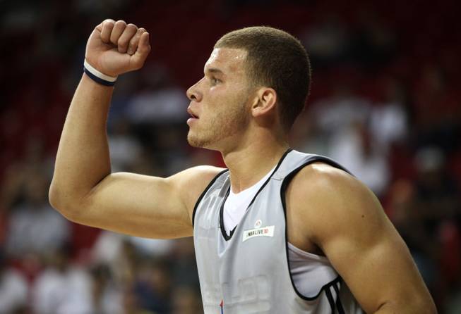 No. 1 overall pick Blake Griffin of the Los Angeles Clippers pumps his fist in celebration during a break in the action Monday night at the Thomas & Mack Center. The Oklahoma product registered 27 points and 12 rebounds in his pro debut at the NBA summer league.