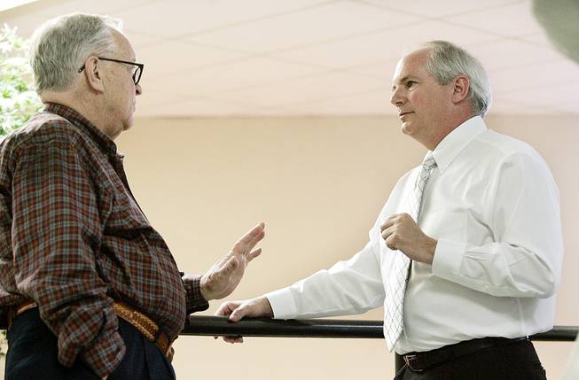 
Chancellor Jim Rogers, left, chats with UNLV President David Ashley outside a 2007 Board of Regents meeting in Carson City.