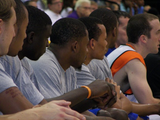 Former UNLV guard Wink Adams sits, again, during the first half of the New York Knicks' game against Sacramento on Friday afternoon at the NBA Summer League at Cox Pavilion. He didn't play in New York's first game and only logged seven minutes in its second.
