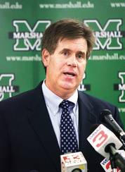 
Mike Hamrick announces at a Monday news conference in Huntington, W.Va., his decision to step down as UNLV's athletic director so he could assume the same job at his alma mater, Marshall University.