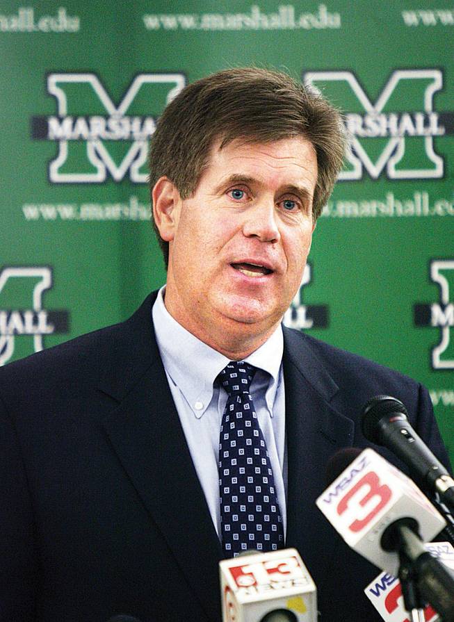 
Mike Hamrick announces at a Monday news conference in Huntington, W.Va., his decision to step down as UNLV's athletic director so he could assume the same job at his alma mater, Marshall University.