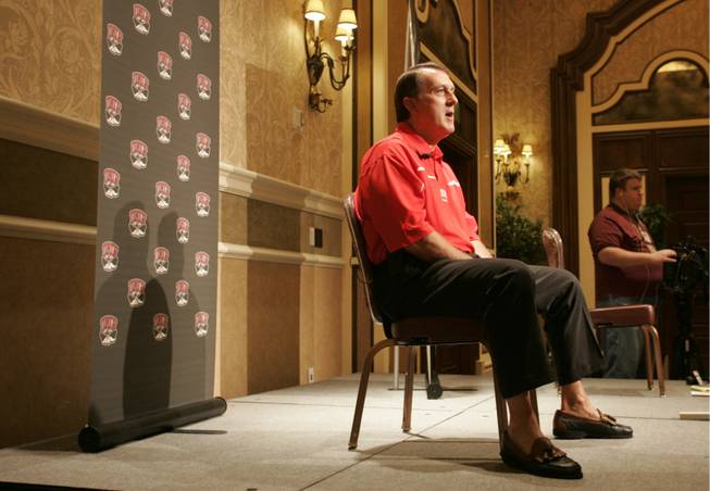 UNLV head football coach Mike Sanford speaks to the media during the Mountain West Conference Media Day.
