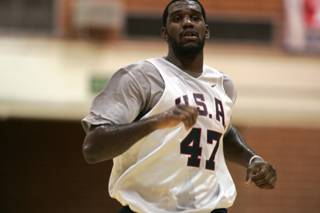 Greg Oden of the Portland Trail Blazers practices in the 2009 U.S. National Team mini-camp at Valley High School in Las Vegas on Thursday.