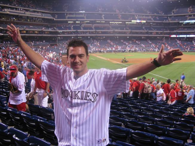 Las Vegas Sun MMA writer Brett Okamoto puts his health at risk, wearing the visiting Rockies jersey to the Phillies game Tuesday.