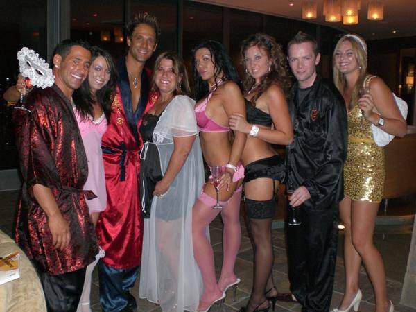 Jack Colton, second from right, attends a lingerie party hosted by <em>Sunset Tan's</em> Jeff Bozz, third from left.