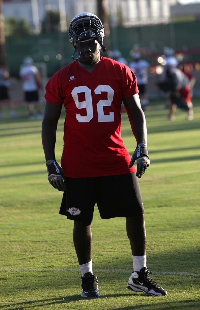 UNLV junior defensive end B.J. Bell takes a breather during practice this weekend at Rebel Park. The younger brother of former Rebels Zach and Beau Bell figures to play a key role in improving the UNLV pass rush this fall.