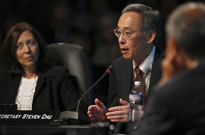 U.S. Secretary of Energy Steven Chu speaks during a roundtable discussion at the National Clean Energy Summit 2.0 at UNLV Monday. Listening at left is U.S. Sen. Maria Cantwell (D-Wash.).