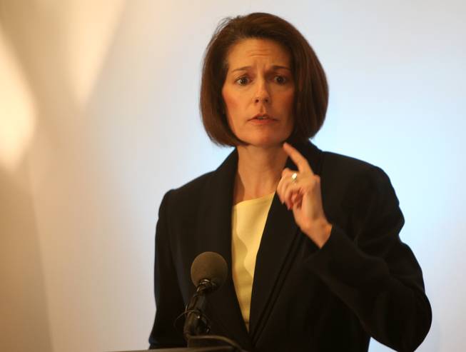 Attorney General Catherine Cortez Masto speaks Wednesday at the Nevada Highway Patrol building during a press conference to highlight the threat of drugged driving.