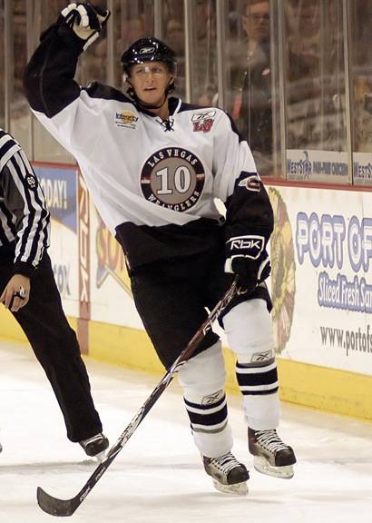 Former Las Vegas Wranglers defenseman Jason Krischuk, seen here celebrating a goal at the Orleans Arena in 2007, is returning to his former team to play under new head coach Ryan Mougenel this season.