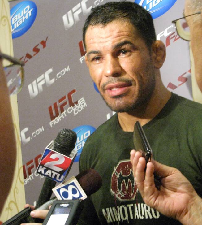 Antonio Rodrigo Nogueira talks with media members during a workout Wednesday, August 26, 2009 at the Portland Marriott Downtown Waterfront in Portland, Ore. Nogueira takes on former UFC heavyweight champ Randy Couture at UFC 102 Saturday night at the Rose Garden Arena. 