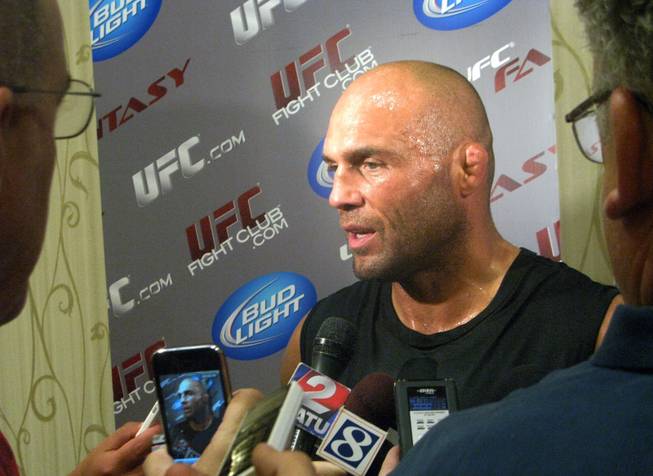 Randy Couture talks with reporters Wednesday, August 26, 2009 at the Portland Marriott Downtown Waterfront in Portland, Ore. The former UFC heavyweight champ takes on Antonio Rodrigo Nogueira at UFC 102 Saturday night at the Rose Garden Arena.
