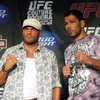 UFC Hall of Famer Randy Couture, left, poses with former PRIDE heavyweight champion Antonio Nogueira at the UFC 102 pre-fight news conference in Portland, Ore., Thursday, Aug. 27, 2009.