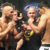Randy Couture, left, faces off against Antonio Nogueira Friday after weighing in for their UFC 102 main event bout at the Rose Garden Arena.