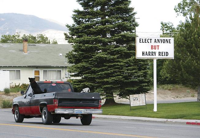 A sign in Ely expresses disapproval of Nevada's Democratic senator. Liberals in his own party as well as conservatives have beefs with Reid.