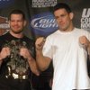 Nate Marquardt (left) poses with Demian Maia at the pre-fight UFC 102 press conference. Marquardt knocked out Maia in the first round.