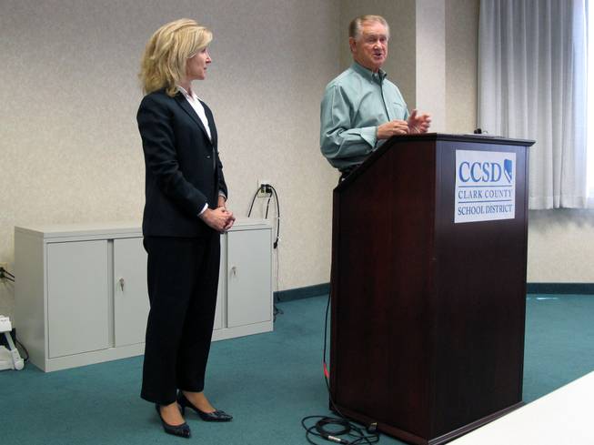 Clark County School District Superintendent Walt Rulffes speaks to the media about President Barack Obama's planned speech to students with Deputy Superintendent of Instruction Lauren Kohut-Rost, left, on Friday.