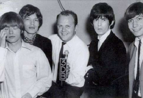 Barry Ferber, center, with the Rolling Stones in the 1960s. From left, Brian Jones, Mick Jagger, Ferber, Keith Richards and Charlie Watts.  Ferber, who was then a radio disc jockey with 3DB in Melbourne, Austrialia, now lives in Las Vegas.