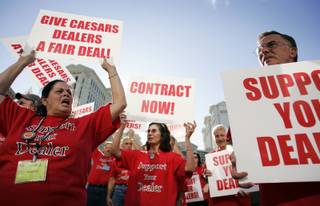 Transport Workers Union members rally in front of Caesars Palace on Las Vegas Boulevard South and Flamingo Road in Las Vegas Thursday, Sept. 17, 2009. 