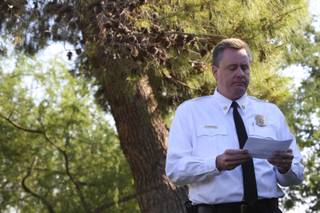 Boulder City Chief Kevin Nicholson pauses while speaking in memory of firefighters Sunday during the annual National Fallen Firefighters Day of Remembrance held at the Boulder City Fire Station.