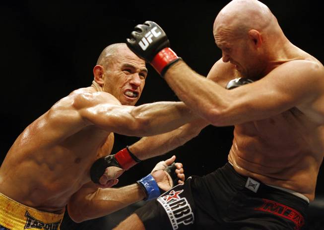 Brandon Vera, left, throws a punch at Keith Jardine, during their Ultimate Fighting Championship Light Heavyweight fight in the National Indoor Arena, Birmingham, England, Saturday, Oct. 18, 2008.