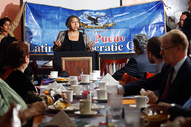 Vicenta Montoya, center, chairperson for Si Se Puede Latino Democratic Caucus, speaks during a Hispanics in Politics breakfast meeting at Dona Maria Mexican restaurant October 7, 2009. STEVE MARCUS / LAS VEGAS SUN.