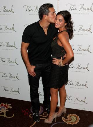 Mario Lopez and Courtney Mazza arrive at the Bank in the Bellagio for his 36th birthday celebration.