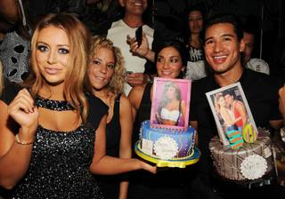Mario Lopez celebrates his 36th birthday at the Bank in the Bellagio with Aubrey O'Day, left, and his girlfriend Courtney Mazza.