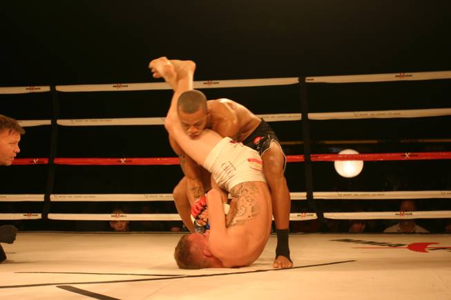 Elijah Mohammad grapples with Casey Johnson who went on to defeat him by decision at MMA Xplosion at M Resort.