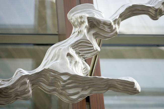 A detail of artist Maya Lin's silver sculpture of the ...
