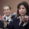 Labor Secretary Hilda Solis answers a question from a reporter following a tour of a NV Energy facil