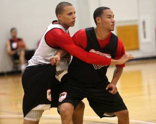 Derrick Jasper defends Chance Stanback during UNLV basketball practice at the Cox Pavilion on Monday, Nov. 2, 2009.