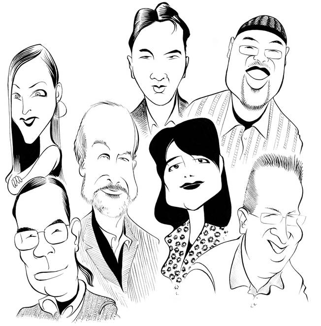 Front row: Douglas Unger, E.L. Doctorow, Claudia Keelan, Michael Green
Back row: Vicki Pettersson, Vu Tran, Keith Brantley