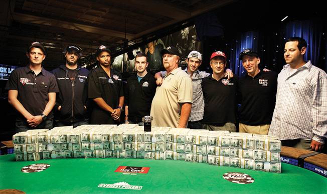 Players who made the final table of the World Series of Poker include, from left, James Akenhead, Jeff Shulman, Phil Ivey, Antoine Saout, Darvin Moon, Joseph Cada, Steven Begleiter, Kevin Schaffel and Eric Buchman. The tournament began in July at the Rio and, after a four-month hiatus, resumes Saturday. Moon is the chip leader.