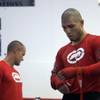 WBO welterweight champion Miguel Cotto, right, of Puerto Rico finishes a workout for the media at th