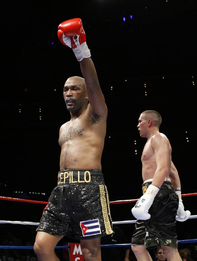 Former WBC lightweight champion Joel Casamayor celebrates after an eight-round super lightweight fight against Jason Davis at The Pearl in The Palms Friday. Casamayor won the fight by unanimous decision.