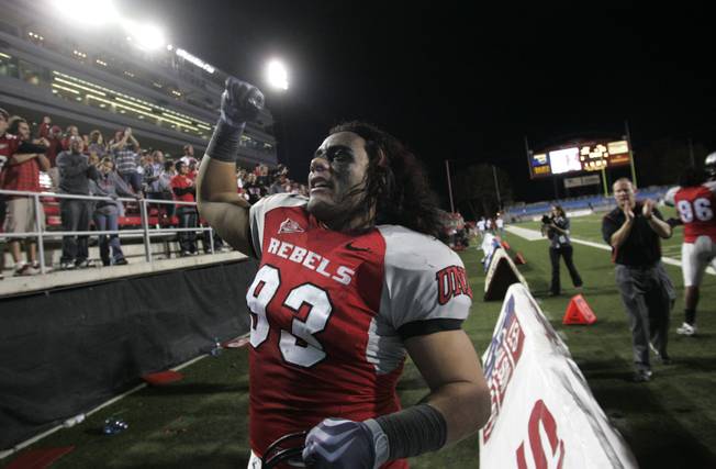 UNLV defensive lineman Malo Taumua celebrates after defeating Colorado State 35-16 Saturday, November 7, 2009 at Sam Boyd Stadium.