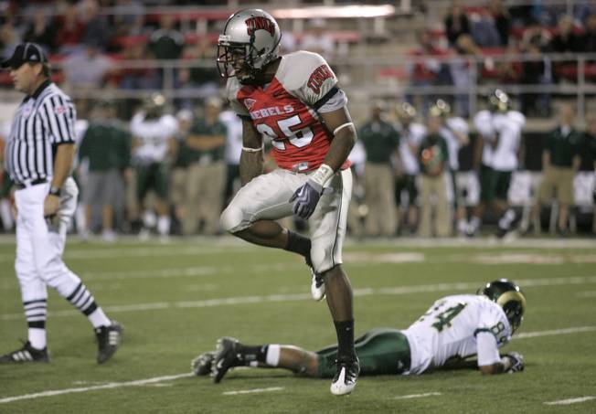 UNLV defensive back Mike Grant celebrates breaking up a pass intended for Colorado State wide receiver Rashaun Greer during the second half of their game Saturday, November 7, 2009 at Sam Boyd Stadium.  UNLV won the game 35-16.