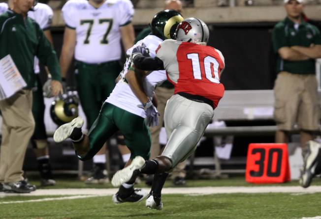 UNLV junior defensive back Quinton Pointer hustles during a play Saturday night in a game against Colorado State that the Rebels won, 35-16, at Sam Boyd Stadium.