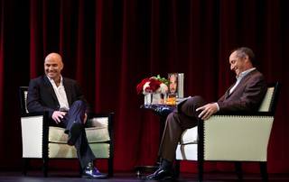 Andre Agassi discusses his memoir Open: An Autobiography with ESPN's Rick Reilly at the Encore Theater at the Wynn on Nov. 9, 2009. 