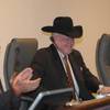 Las Vegas Mayor Oscar Goodman wears a cowboy hat given by world champion Ty Murray during the Las Ve