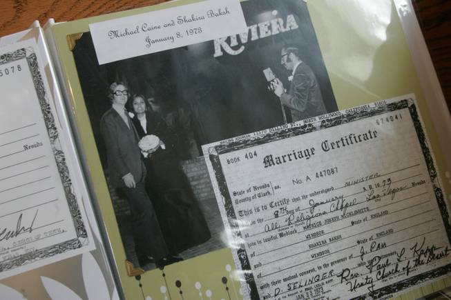 A photo and copy of Michael Caine and Shakira Baksh's marriage certificate are on display at the Candlelight Wedding Chapel, formerly located just north of the Riviera Hotel on Las Vegas Boulevard and now at the Clark County Museum.