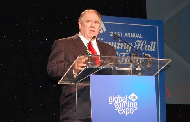 South Point owner Michael Gaughan speaks at his American Gaming Association Hall of Fame induction at the Global Gaming Expo in November.